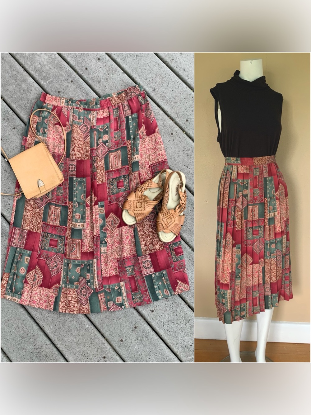Vintage 90s Pleated Patchwork A-line Midi Skirt